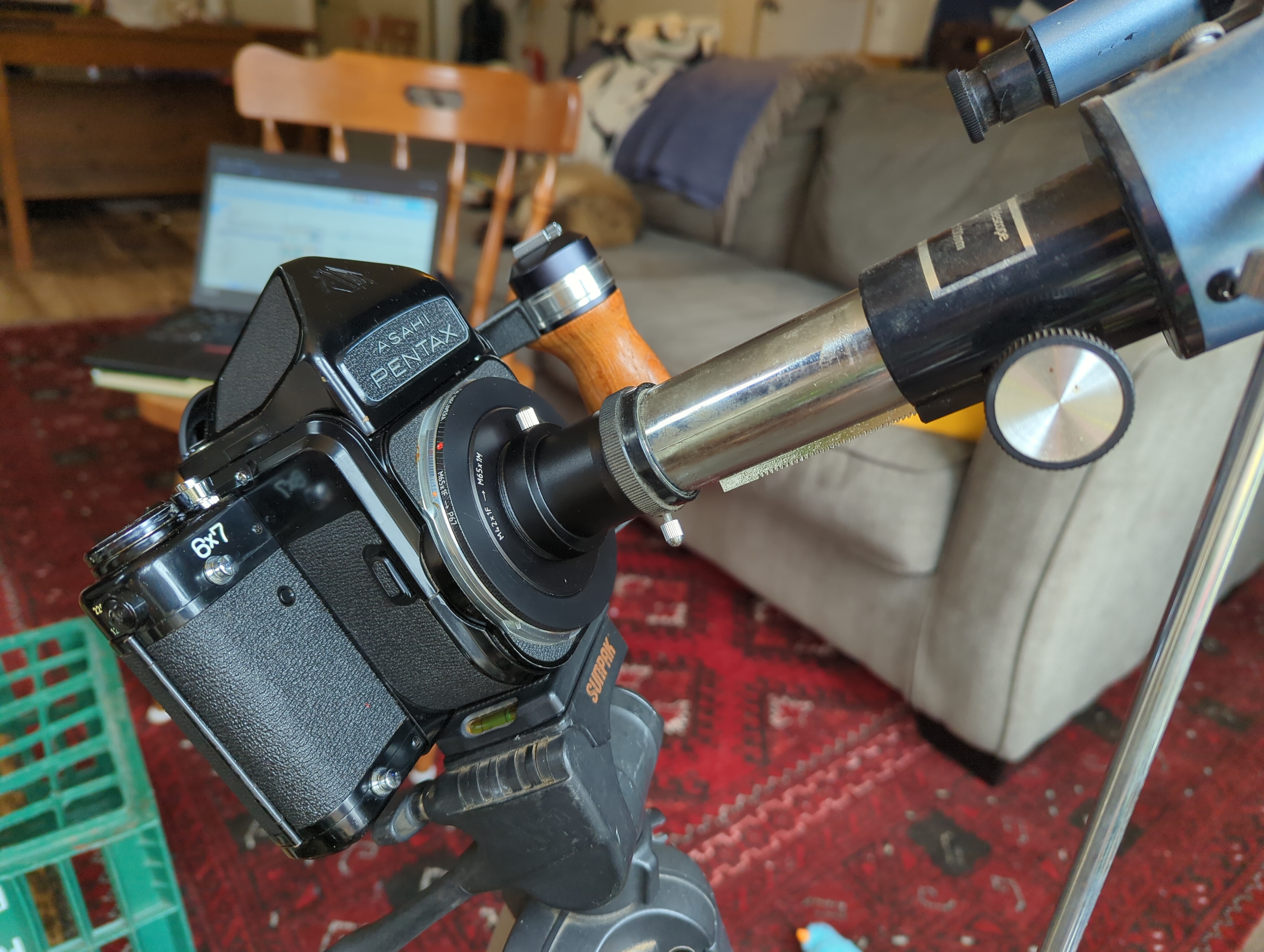 Pentax 6x7 connected to a Barska 60800 telescope