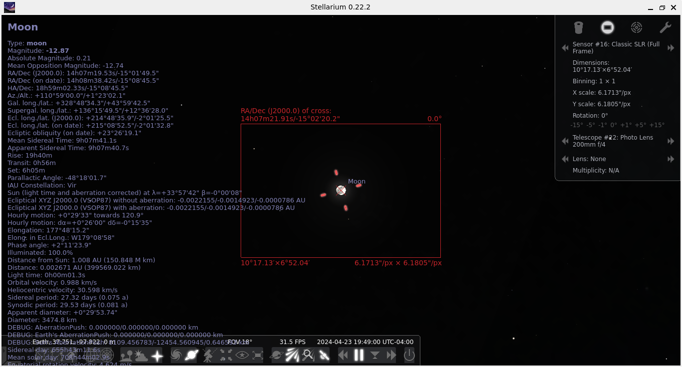 Simulation of the moon on a 35mm negative with a 200mm lens, made with Stellarium