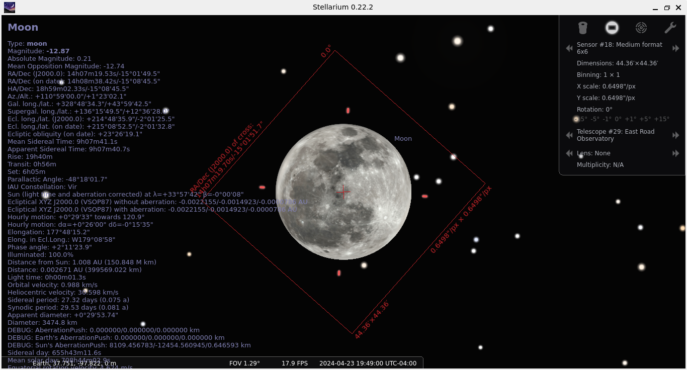 Simulation of the moon on a 6x6 negative through the East Road Observatory&rsquo;s telescope, made with Stellarium